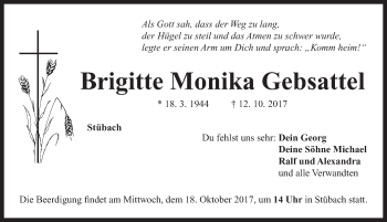 Traueranzeige von Brigitte Monika Gebsattel von Neustadt/ Scheinfeld/ Uffenheim