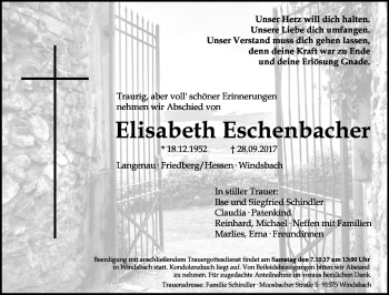 Traueranzeige von Elisabeth Eschenbacher von Ansbach