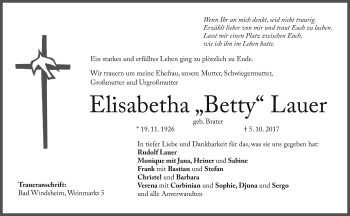 Traueranzeige von Elisabetha Lauer von Neustadt/ Scheinfeld/ Uffenheim