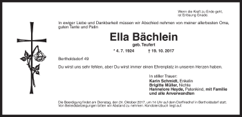 Traueranzeige von Ella Bächlein von Ansbach