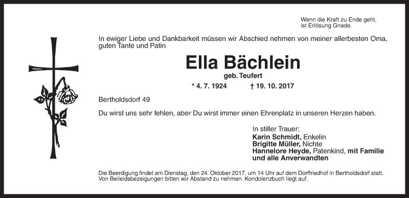  Traueranzeige für Ella Bächlein vom 21.10.2017 aus Ansbach