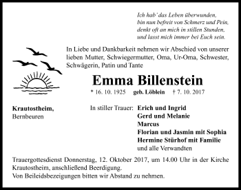 Traueranzeige von Emma Billenstein von Neustadt/ Scheinfeld/ Uffenheim