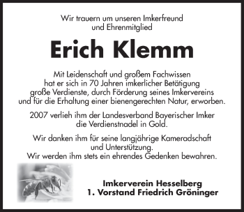 Traueranzeige von Erich Klemm von Dinkelsbühl/ Feuchtwangen