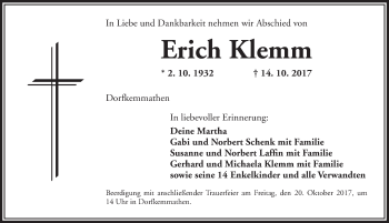 Traueranzeige von Erich Klemm von Dinkelsbühl/ Feuchtwangen