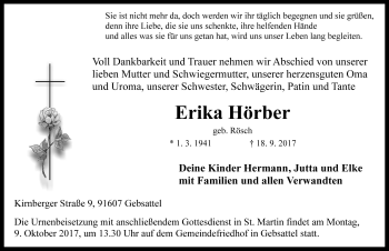 Traueranzeige von Erika Hörber von Rothenburg