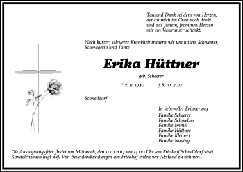 Traueranzeige von Erika Hüttner von Dinkelsbühl/ Feuchtwangen