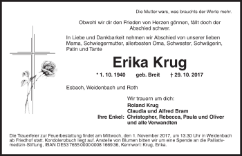 Traueranzeige von Erika Krug von Ansbach