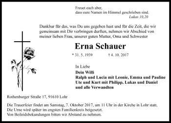 Traueranzeige von Erna Schauer von Rothenburg