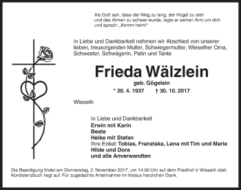 Traueranzeige von Frieda Wälzlein von Dinkelsbühl/ Feuchtwangen