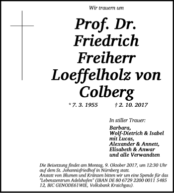 Traueranzeige von Friedrich Loeffelholz von Colberg von Neustadt/ Scheinfeld/ Uffenheim