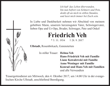 Traueranzeige von Friedrich Veh von Neustadt/ Scheinfeld/ Uffenheim