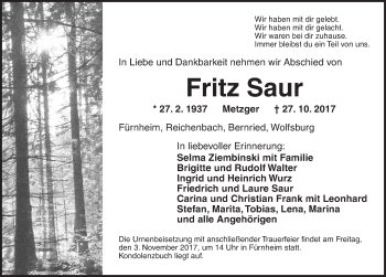 Traueranzeige von Fritz Saur von Dinkelsbühl/ Feuchtwangen