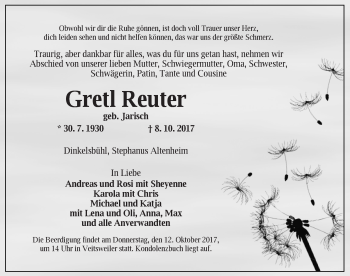 Traueranzeige von Gretl Reuter von Dinkelsbühl/ Feuchtwangen