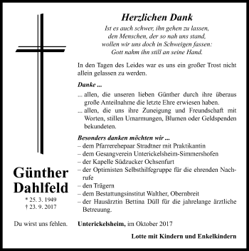 Traueranzeige von Günther Dahlfeld von Neustadt/ Scheinfeld/ Uffenheim