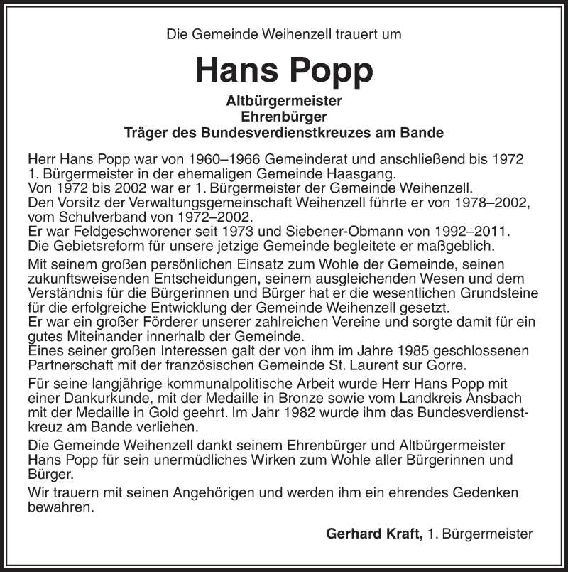  Traueranzeige für Hans Popp vom 17.10.2017 aus Ansbach