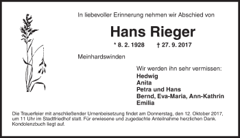 Traueranzeige von Hans Rieger von Ansbach