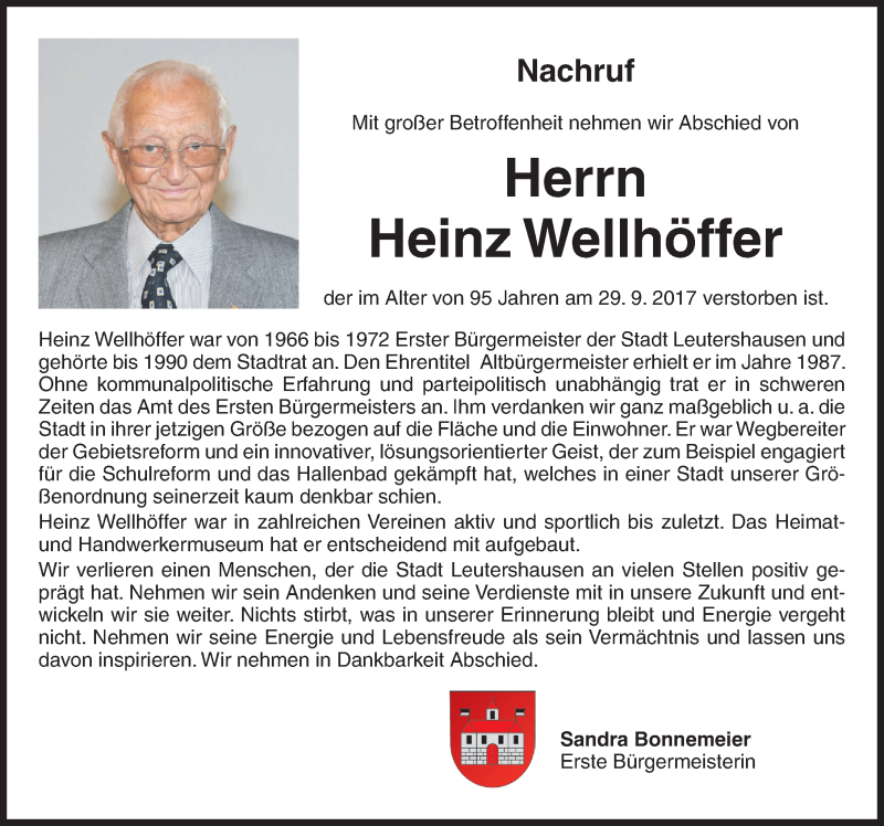  Traueranzeige für Heinz Wellhöfer vom 05.10.2017 aus Ansbach