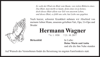 Traueranzeige von Hermann Wagner von Neustadt/ Scheinfeld/ Uffenheim