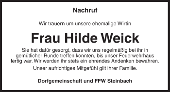 Traueranzeige von Hilde Weick von Dinkelsbühl/ Feuchtwangen