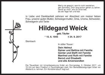 Traueranzeige von Hildegard Weick von Dinkelsbühl/ Feuchtwangen