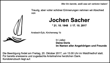 Traueranzeige von Jochen Sacher von Ansbach