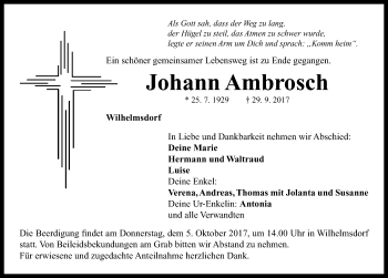 Traueranzeige von Johann Ambrosch von Neustadt/ Scheinfeld/ Uffenheim