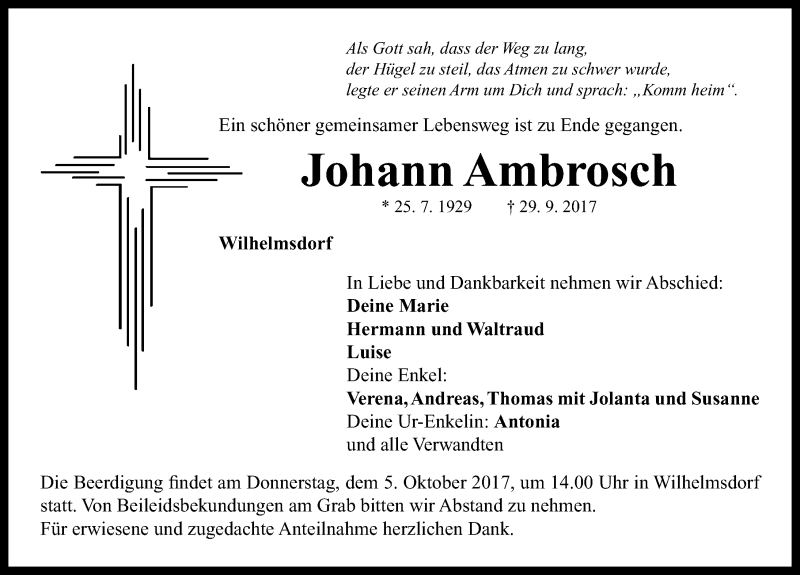  Traueranzeige für Johann Ambrosch vom 02.10.2017 aus Neustadt/ Scheinfeld/ Uffenheim