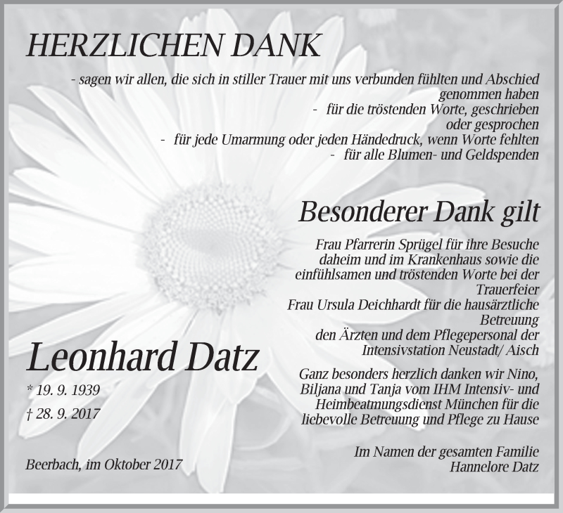  Traueranzeige für Leonhard Datz vom 21.10.2017 aus Neustadt/ Scheinfeld/ Uffenheim