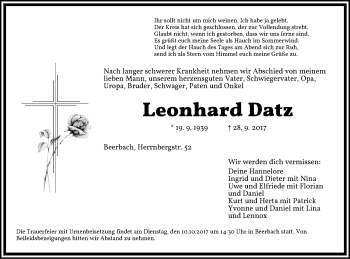 Traueranzeige von Leonhard Datz von Neustadt/ Scheinfeld/ Uffenheim