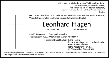 Traueranzeige von Leonhard Hagen von Neustadt/ Scheinfeld/ Uffenheim