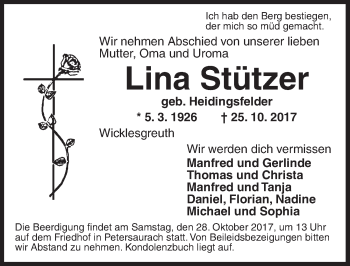 Traueranzeige von Lina Stützer von Ansbach