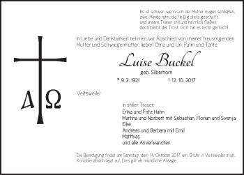 Traueranzeige von Luise Buckel von Dinkelsbühl/ Feuchtwangen