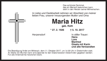 Traueranzeige von Maria Hitz von Ansbach