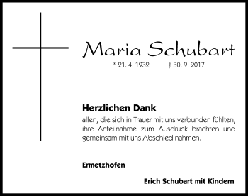 Traueranzeige von Maria Schubart von Neustadt/ Scheinfeld/ Uffenheim