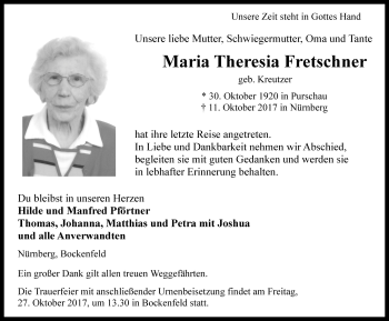 Traueranzeige von Maria Theresia Fretschner von Rothenburg