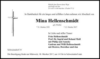 Traueranzeige von Mina Hellenschmidt von Rothenburg