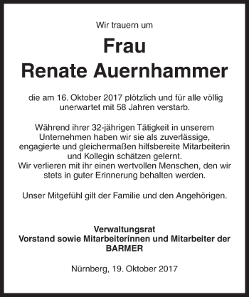 Traueranzeige von Renate Auernhammer von Ansbach