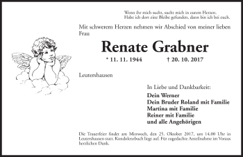 Traueranzeige von Renate Grabner von Ansbach