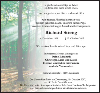 Traueranzeige von Richard Streng von Ansbach