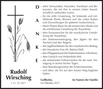 Traueranzeige von Rudolf Wirsching von Neustadt/ Scheinfeld/ Uffenheim