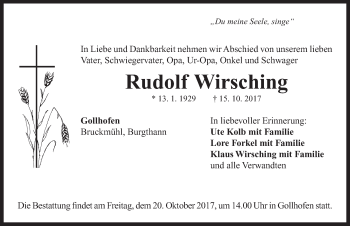 Traueranzeige von Rudolf Wirsching von Neustadt/ Scheinfeld/ Uffenheim