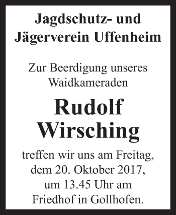 Traueranzeige von Rudolf Wirsching von Neustadt/ Scheinfeld/ Uffenheim