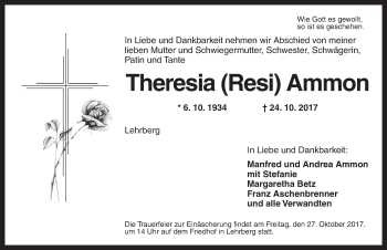 Traueranzeige von Theresia Ammon von Ansbach