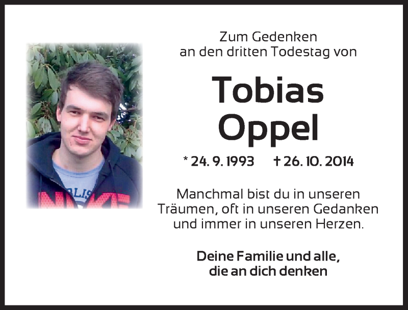  Traueranzeige für Tobias Oppel vom 26.10.2017 aus Ansbach