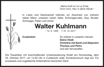 Traueranzeige von Walter Kuhlmann von Neustadt/ Scheinfeld/ Uffenheim