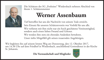 Traueranzeige von Werner Assenbaum von Ansbach