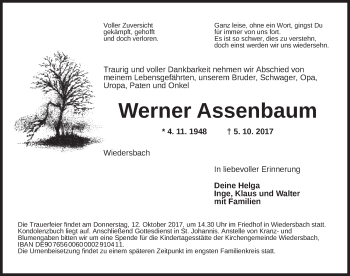 Traueranzeige von Werner Assenbaum von Ansbach