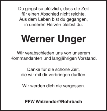 Traueranzeige von Werner Unger von Dinkelsbühl/ Feuchtwangen