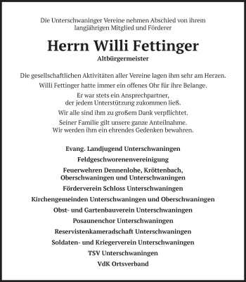 Traueranzeige von Willi Fettinger von Dinkelsbühl/ Feuchtwangen