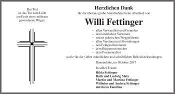 Traueranzeige von Willi Fettinger von Dinkelsbühl/ Feuchtwangen